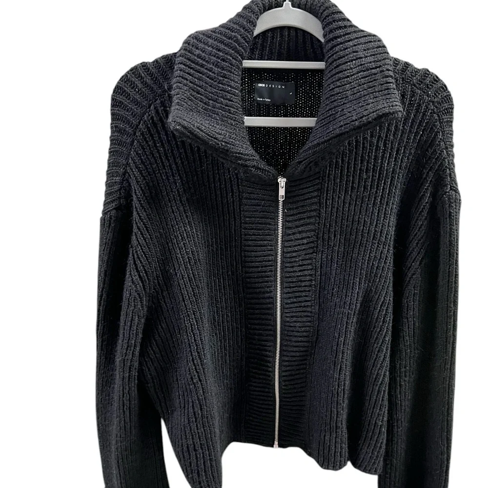 ASOS Black Ribbed Zip Cardigan Size L - Picture 3 of 14